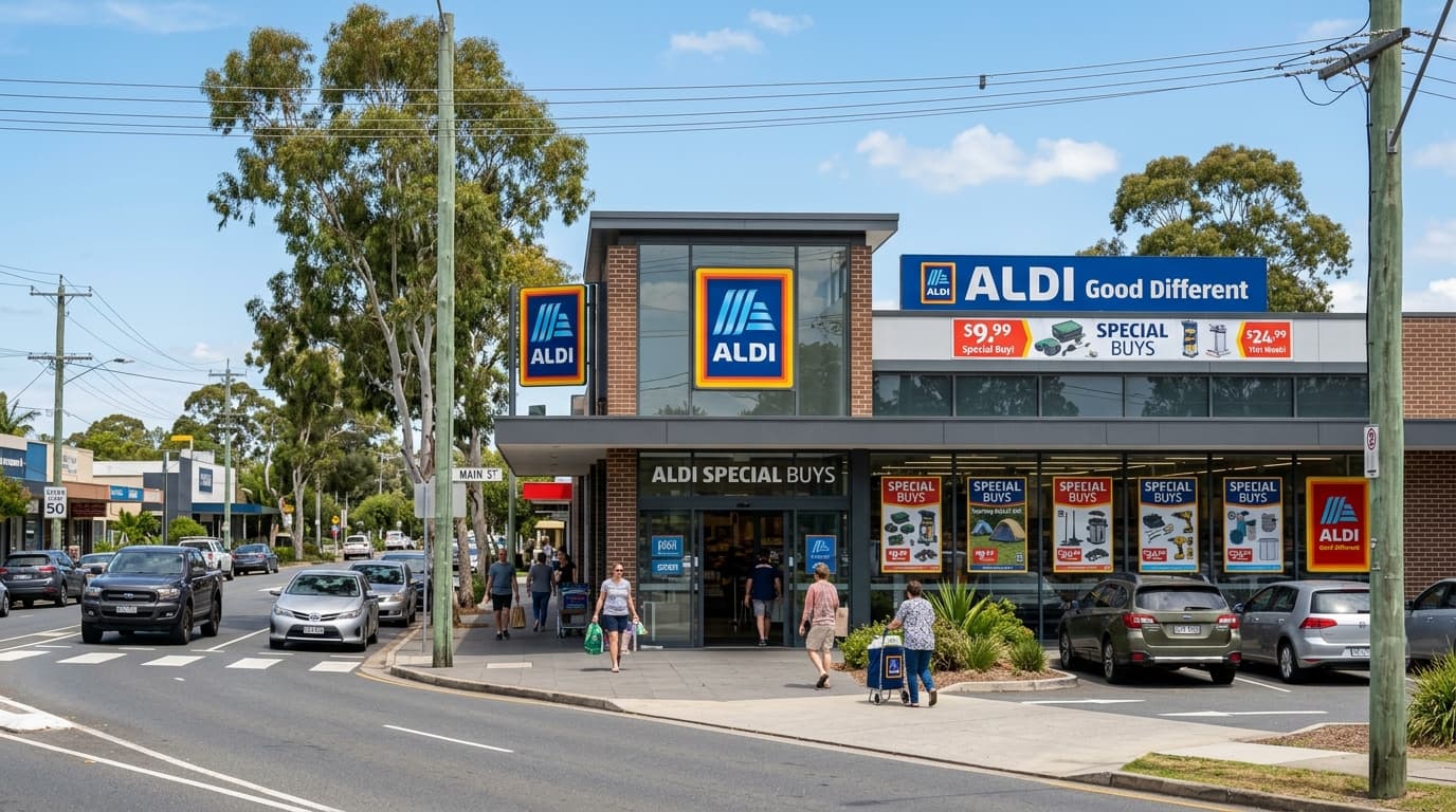 ALDI store front entrance in Australia where shoppers queue for weekly Special Buys deals