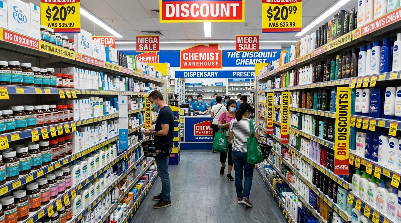 Inside a Chemist Warehouse store showcasing rows of discounted health and beauty products