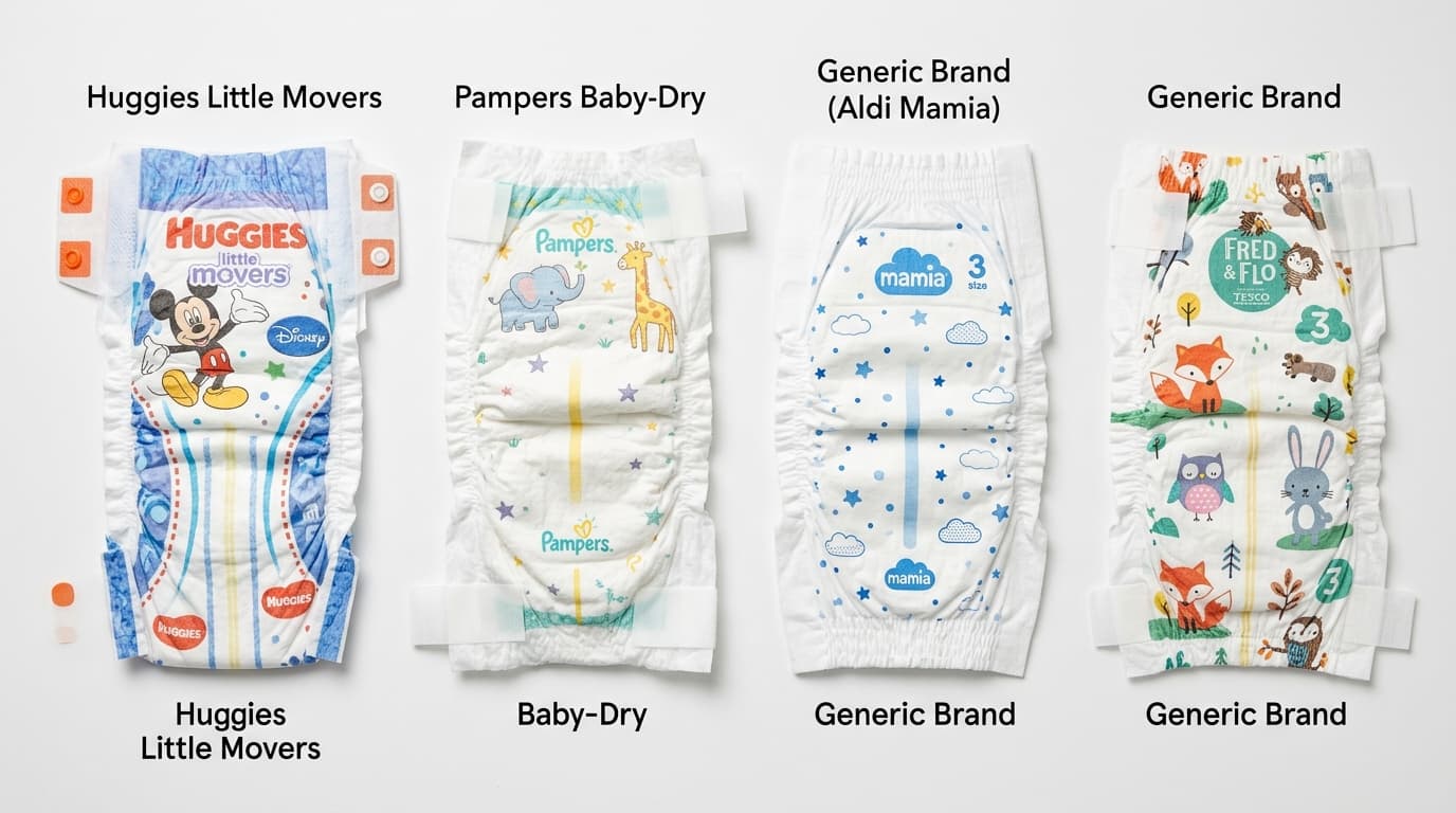 Australian nappy brands lined up for price comparison including Huggies, Pampers, Babylove, and store brands