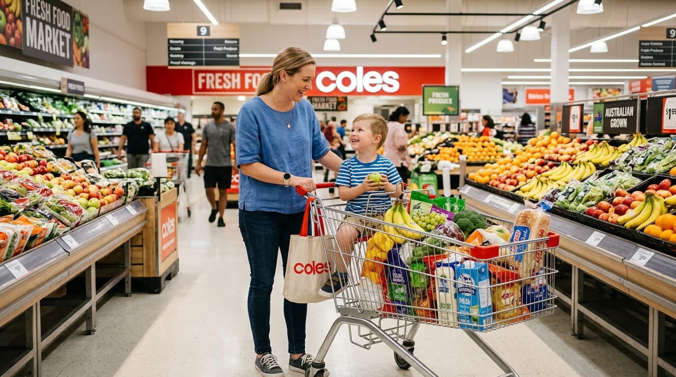 Australian family shopping for weekly deals and specials at Woolworths supermarket