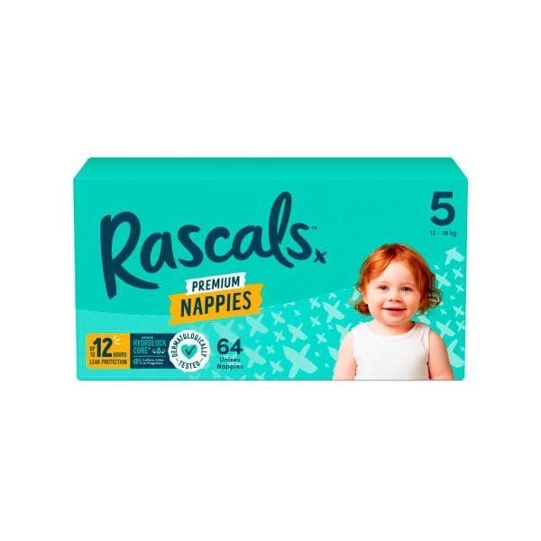 Rascals Premium Nappies Size 5 (13-18kg) | 64 Pack