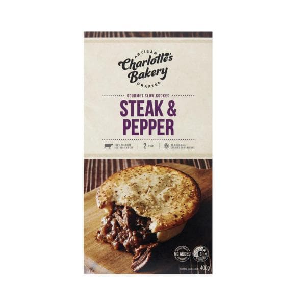 Charlotte's Bakery Slow Cooked Steak & Pepper Pies 2 Pack | 400g