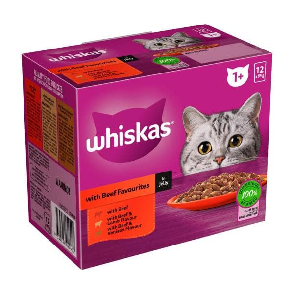 Whiskas Adult 1 + Years Wet Cat Food Beef Favourites In Jelly 12x85g Pouches | 12 Pack