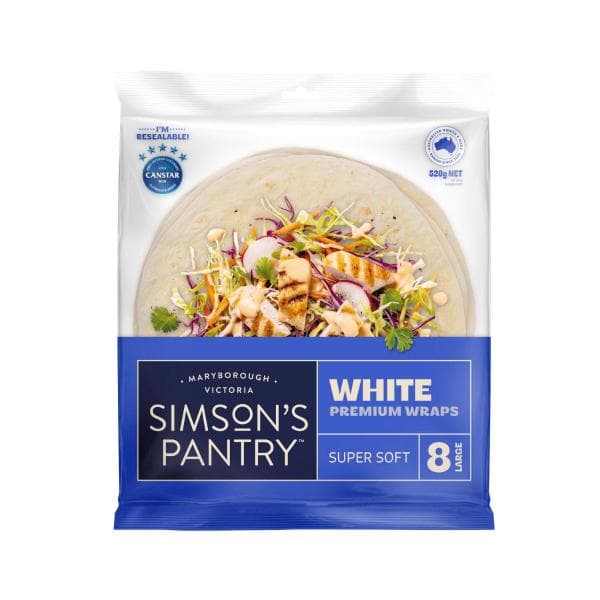 Simson's Pantry Preservative Free Premium White Large Wraps 8 Pack | 528g