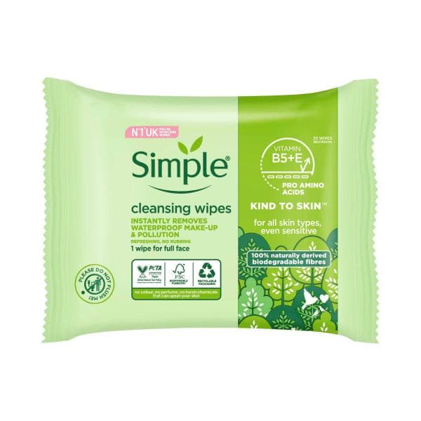 Simple Cleansing Facial Wipes Kind To Skin Biodegradable | 25 pack