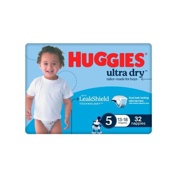 Huggies Ultra Dry Nappies Boys Size 5 (13-18kg) | 32 Pack