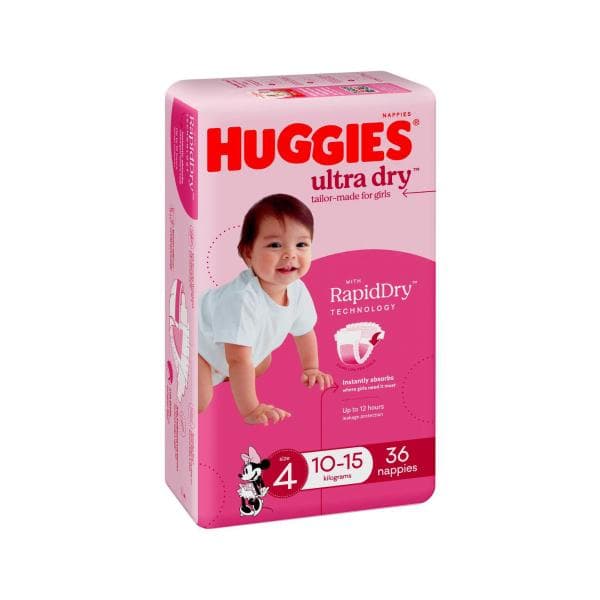 Huggies Ultra Dry Nappies Girls Size 4 (10-15kg) | 36 Pack