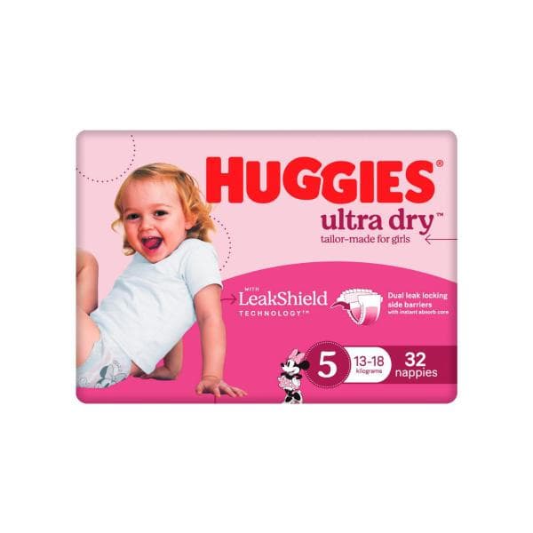 Huggies Ultra Dry Nappies Girls Size 5 (13-18kg) | 32 Pack