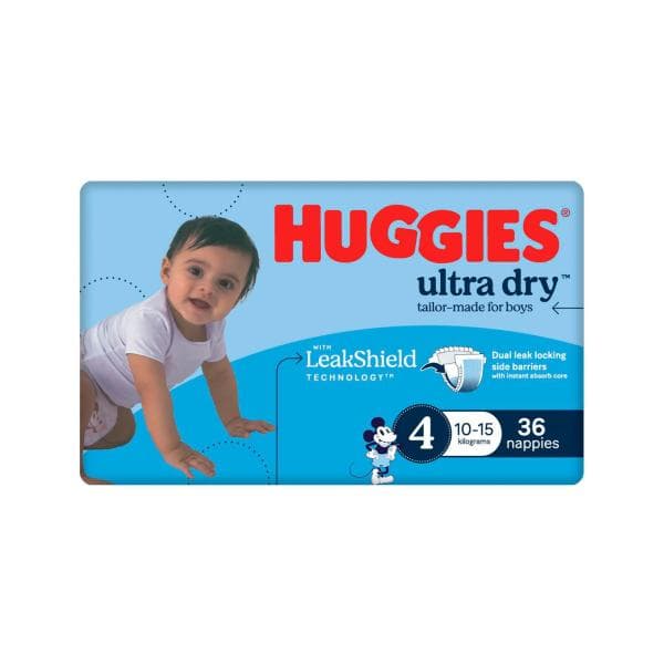 Huggies Ultra Dry Nappies Boys Size 4 (10-15kg) | 36 Pack