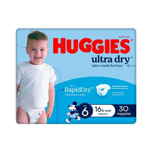 Huggies Ultra Dry Nappies Boys Size 6 (16kg+) | 30 Pack