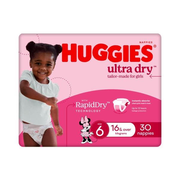 Huggies Ultra Dry Nappies Girls Size 6 (16kg+) | 30 Pack