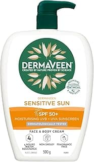 DermaVeen Sensitive Sun SPF 50+ Moisturising UVB + UVA Sunscreen Face & Body Cream Pump Pack 500g | With Natural Colloid