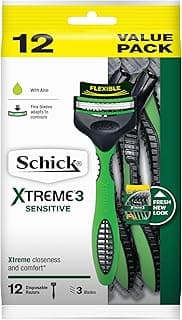 Schick - Xtreme 3 Sensitive for Men | Disposable Razors | 12 Pack | With Aloe | Flex Blades Adapts to Contours | 3 Blade