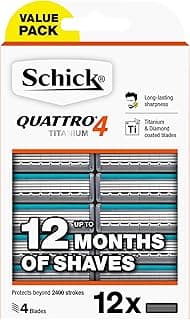 Schick - Quattro 4 Titanium for Men | Razor Blade Refills | 12 Pack | Titanium & Diamond Coated Blades | Protects even a