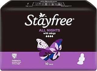 Stayfree All Nights Pads With Wings 10 Pack|Faster Absorption | Neutralises Odour|Cottony-Soft Quilted Cover| Keeps Dry 