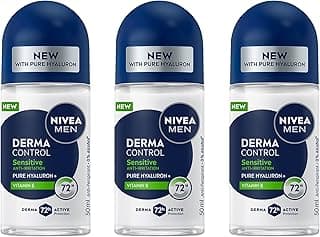 NIVEA MEN Derma Control Sensitive Roll-On Deodorant 50ml | With Pure Hyaluron & Vitamin E | 72-Hour Anti-Perspirant for 