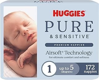 HUGGIES Pure & Sensitive Nappies Size 1 (up to 5 kg) 172 Count - Packaging May Vary