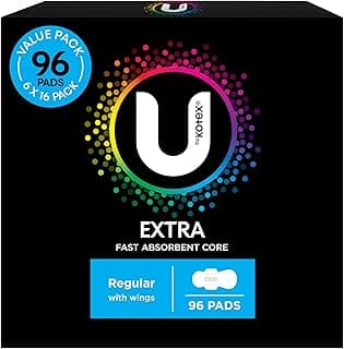 U by Kotex Extra Pads Regular with Wings 96 Count (6 x 16 Pack) - Packaging May Vary