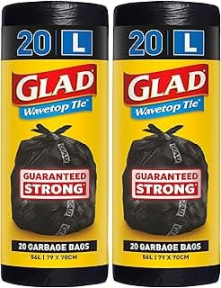 Glad Wavetop Tie Garbage Bags, 20 Large Multipurpose Garbage Bags, Large Size Fits 56L Bin, 20 Count (Pack of 2)