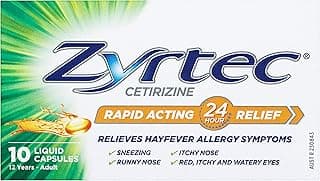 Zyrtec Rapid Acting Hayfever Allergy Relief Antihistamine Liquid Capsules 10 Pack |Contains Cetirizine|Provides Relief f