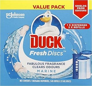 Duck Toilet Cleaner, Fresh Discs Value Pack, Marine Fragrance, 1 Dispenser plus 2 x 36ml Refill Tubes (12 Gel Discs), Bl
